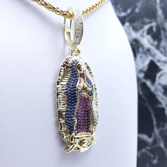 24"Franco Chain + 14K Gold Finish Holy Mary - Picture 5 of 12